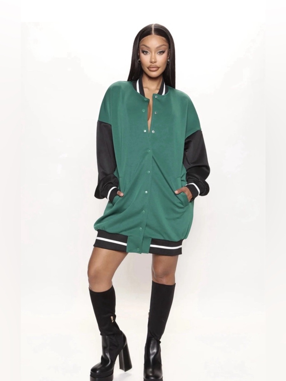 💚 Fashion Nova Green & Black Varsity Jersey Snap Bomber Jacket Coat Dress 1X